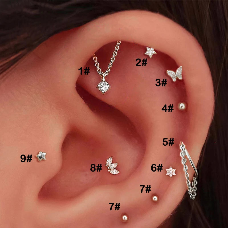 Tragus Piercing Women'S Hoop Earrings with Chain Helix Star Butterfly Crown Zircon Ear Rook Daith Sung Body Jewelry Gift CC084