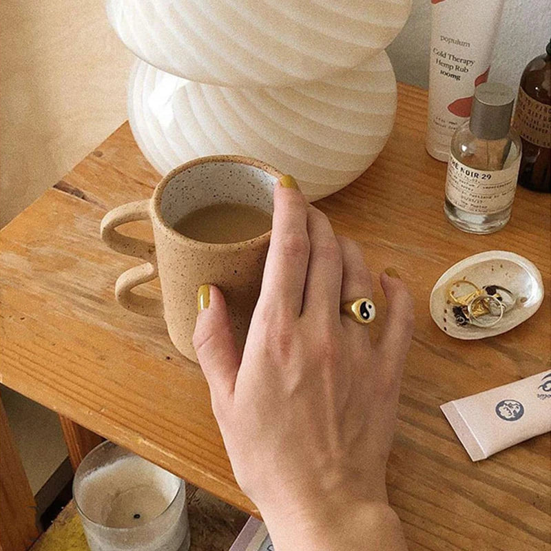 Textured Circle Square Black Enamel Rings Yin and Yang Geometric Rings for Women Vintage Stainless Steel Jewelry 2020