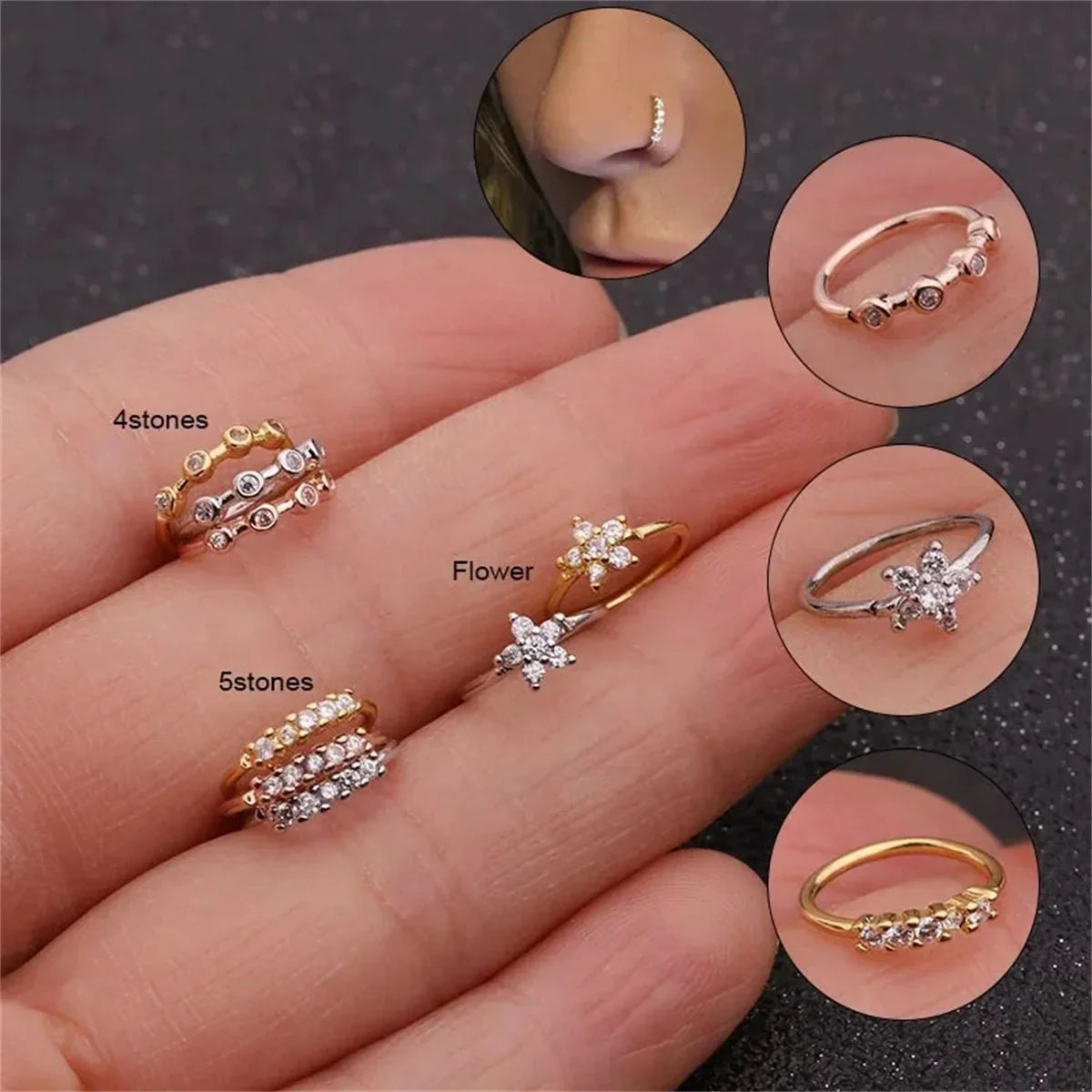3Pcs Zircon Nose Rings Nostril,Adjustable Flower Hoop Ring Tragus Ear Cartilage Earring Hypoallergenicity Nose Piercing Jewelry