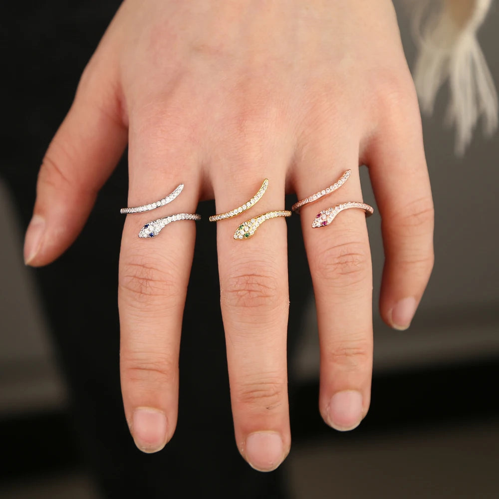 Acero Inoxidable Joyeria Mujer Stackable Rings Snake Rings for Women Gold Color Clear CZ Punk Rock Ring Animal Jewelry