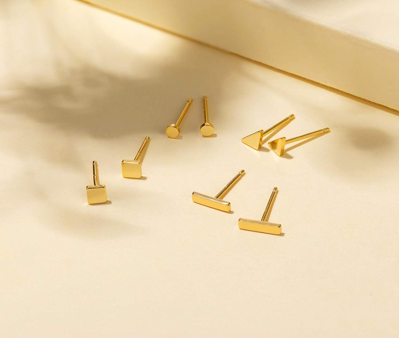 Sterling Silver Stud Earrings for Women Men- 4 Pairs of Hypoallergenic Simple Geometric Small Stud Earring Set Tiny Circle Triangle Square Bar Stud Earrings Mini Cartilage Tragus Earrings