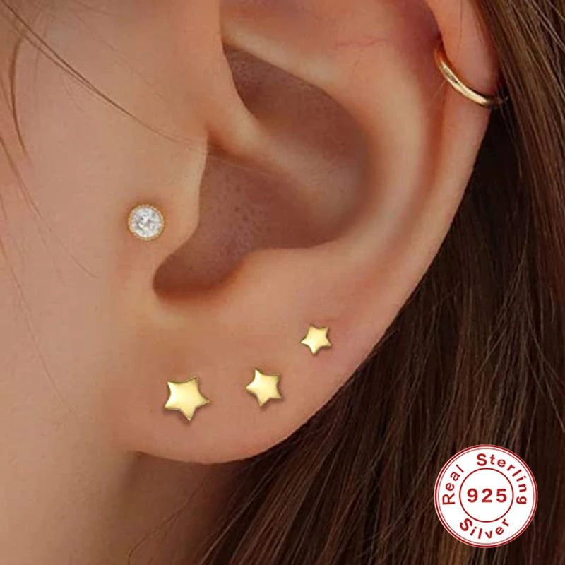 3Pcs/Set Crystals Geometry Stud Earrings for Women Small Star round Piercings Earring 925 Sterling Silver Jewelry Oorbellen