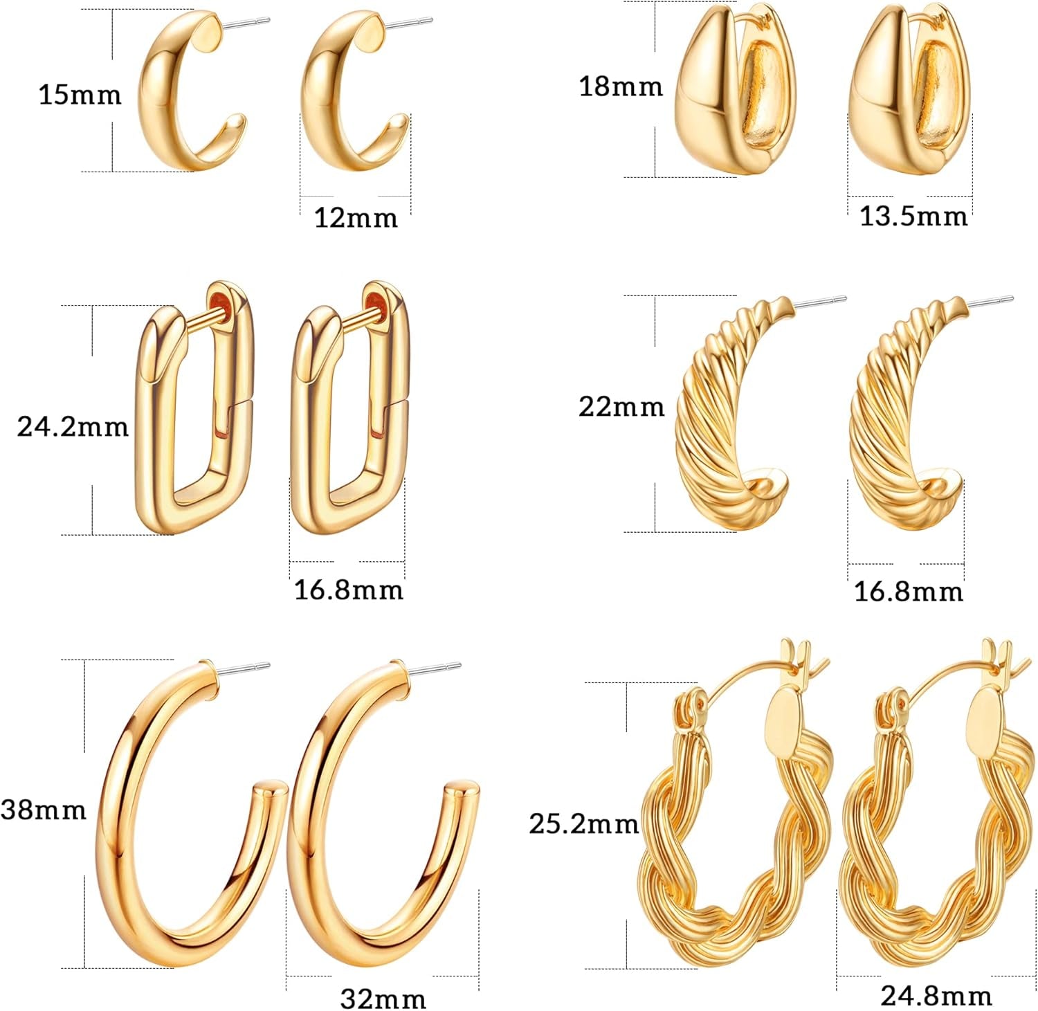 6 Pairs Gold Chunky Hoop Earrings for Women 14K Gold Plated Hoop Earrings Lightweight Hypoallergenic Thick Hoop Earrings Huggie Hoop Jewelry for Birthday/Christmas Gifts
