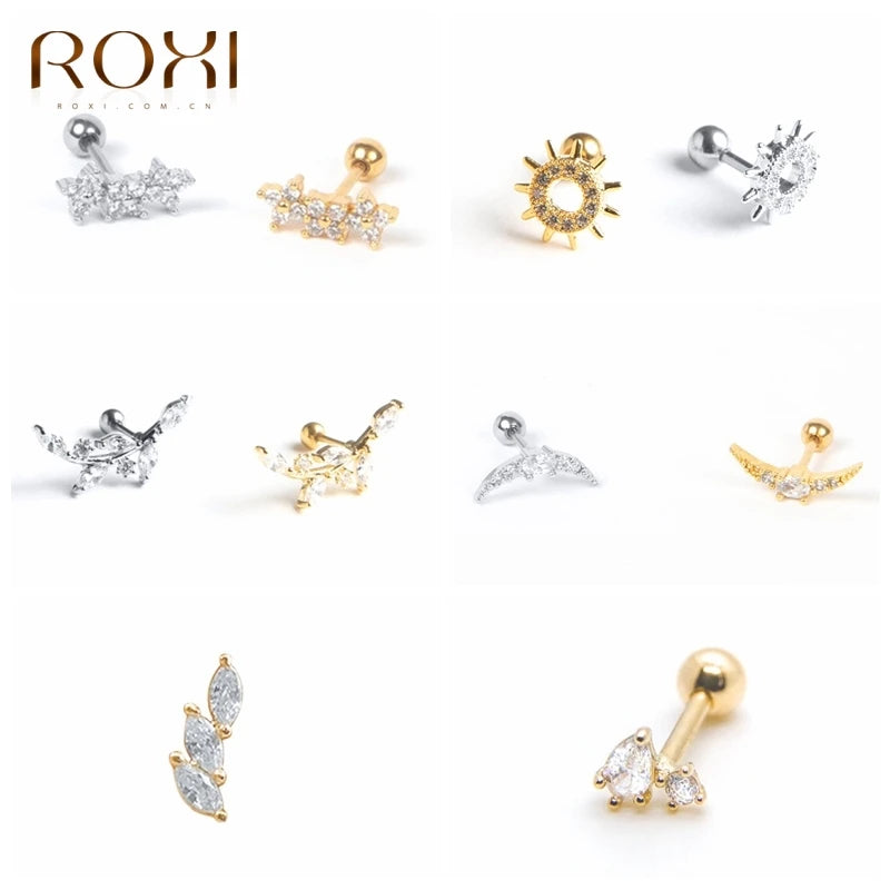 Mini Sun Moon Leaf Snowflake Crown Square Stud Earrings for Women Piercing Earrings 925 Sterling Silver Jewelry Pendientes