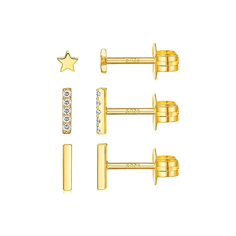 3Pcs/Set Crystals Geometry Stud Earrings for Women Small Star round Piercings Earring 925 Sterling Silver Jewelry Oorbellen