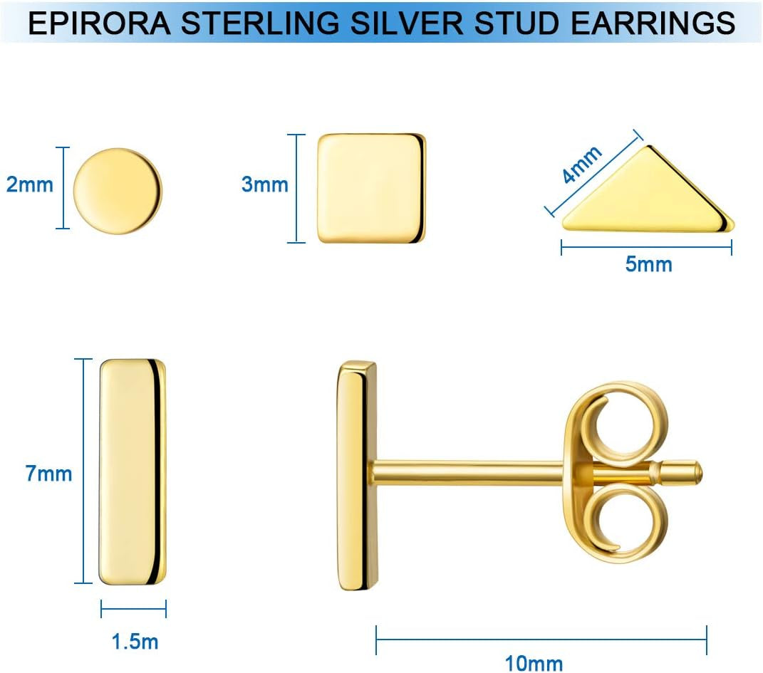 Sterling Silver Stud Earrings for Women Men- 4 Pairs of Hypoallergenic Simple Geometric Small Stud Earring Set Tiny Circle Triangle Square Bar Stud Earrings Mini Cartilage Tragus Earrings