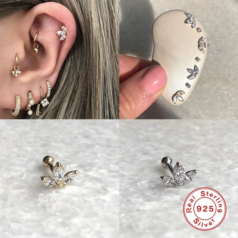 Mini Sun Moon Leaf Snowflake Crown Square Stud Earrings for Women Piercing Earrings 925 Sterling Silver Jewelry Pendientes