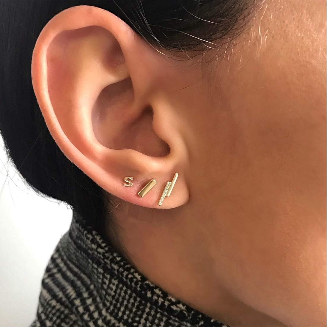 Sterling Silver Stud Earrings for Women Men- 4 Pairs of Hypoallergenic Simple Geometric Small Stud Earring Set Tiny Circle Triangle Square Bar Stud Earrings Mini Cartilage Tragus Earrings