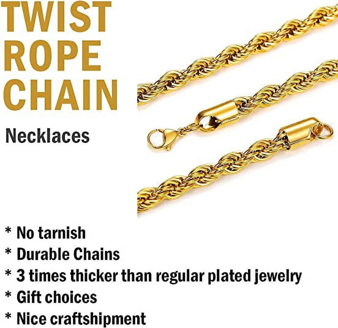 Men Rope Necklace Replacement Chain for Pendant 6Mm 20Inches 316L Stainless Steel Gold Plated