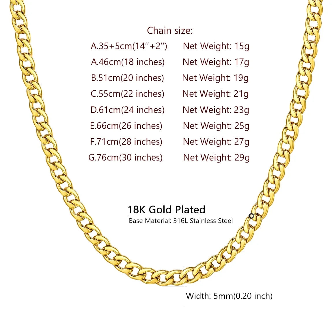 Mens Cuban Link Chain Necklace 5Mm 26Inch Jewelry Finding Chain for Pendant Dad Gold Chain