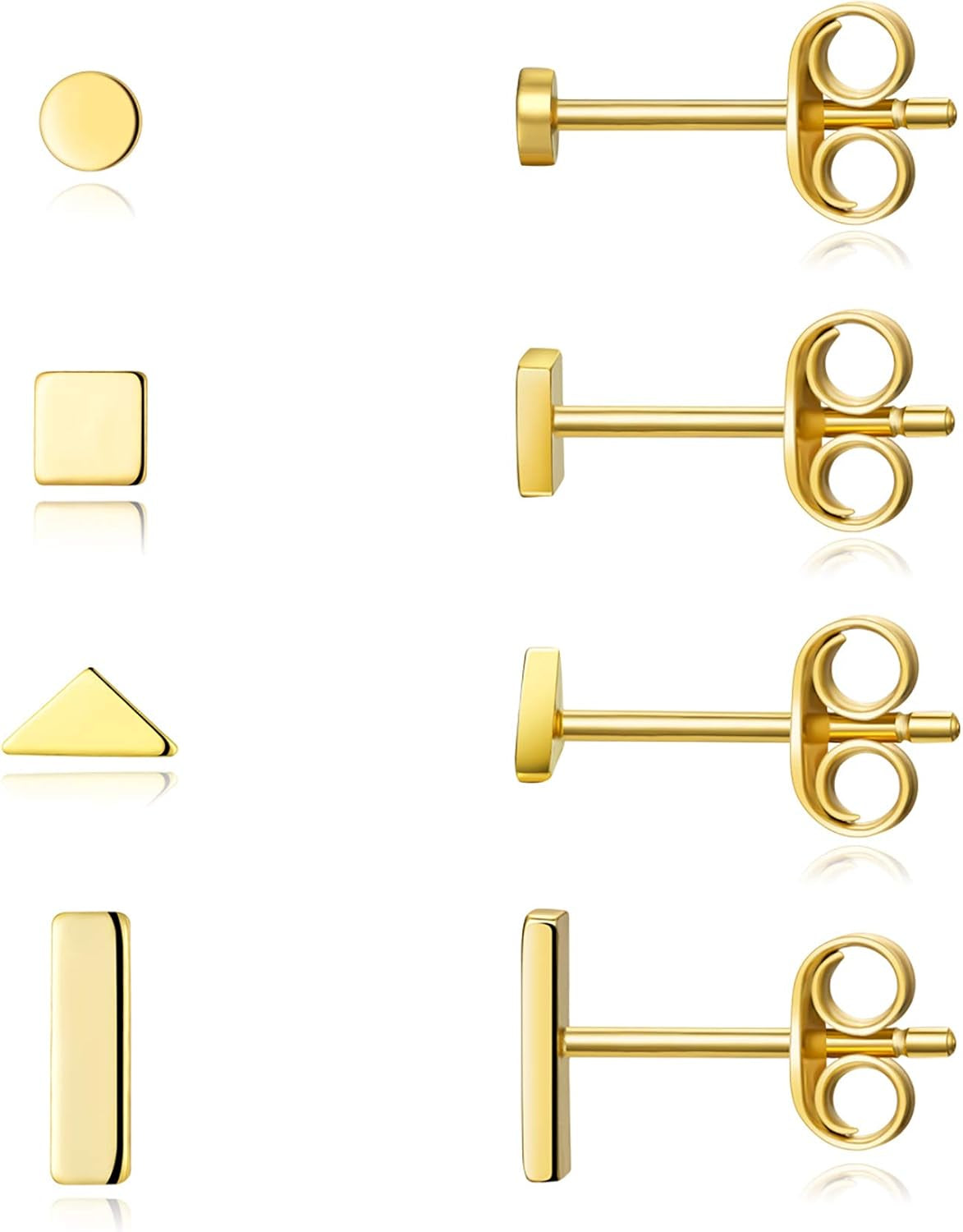 Sterling Silver Stud Earrings for Women Men- 4 Pairs of Hypoallergenic Simple Geometric Small Stud Earring Set Tiny Circle Triangle Square Bar Stud Earrings Mini Cartilage Tragus Earrings
