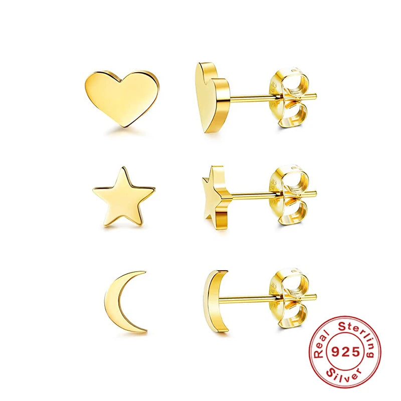 3Pcs/Set Crystals Geometry Stud Earrings for Women Small Star round Piercings Earring 925 Sterling Silver Jewelry Oorbellen