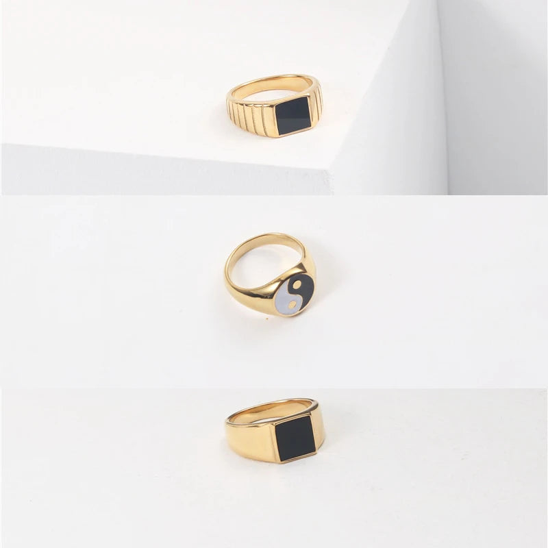 Textured Circle Square Black Enamel Rings Yin and Yang Geometric Rings for Women Vintage Stainless Steel Jewelry 2020