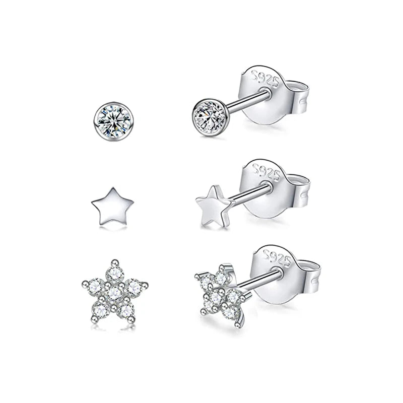 3Pcs/Set Crystals Geometry Stud Earrings for Women Small Star round Piercings Earring 925 Sterling Silver Jewelry Oorbellen