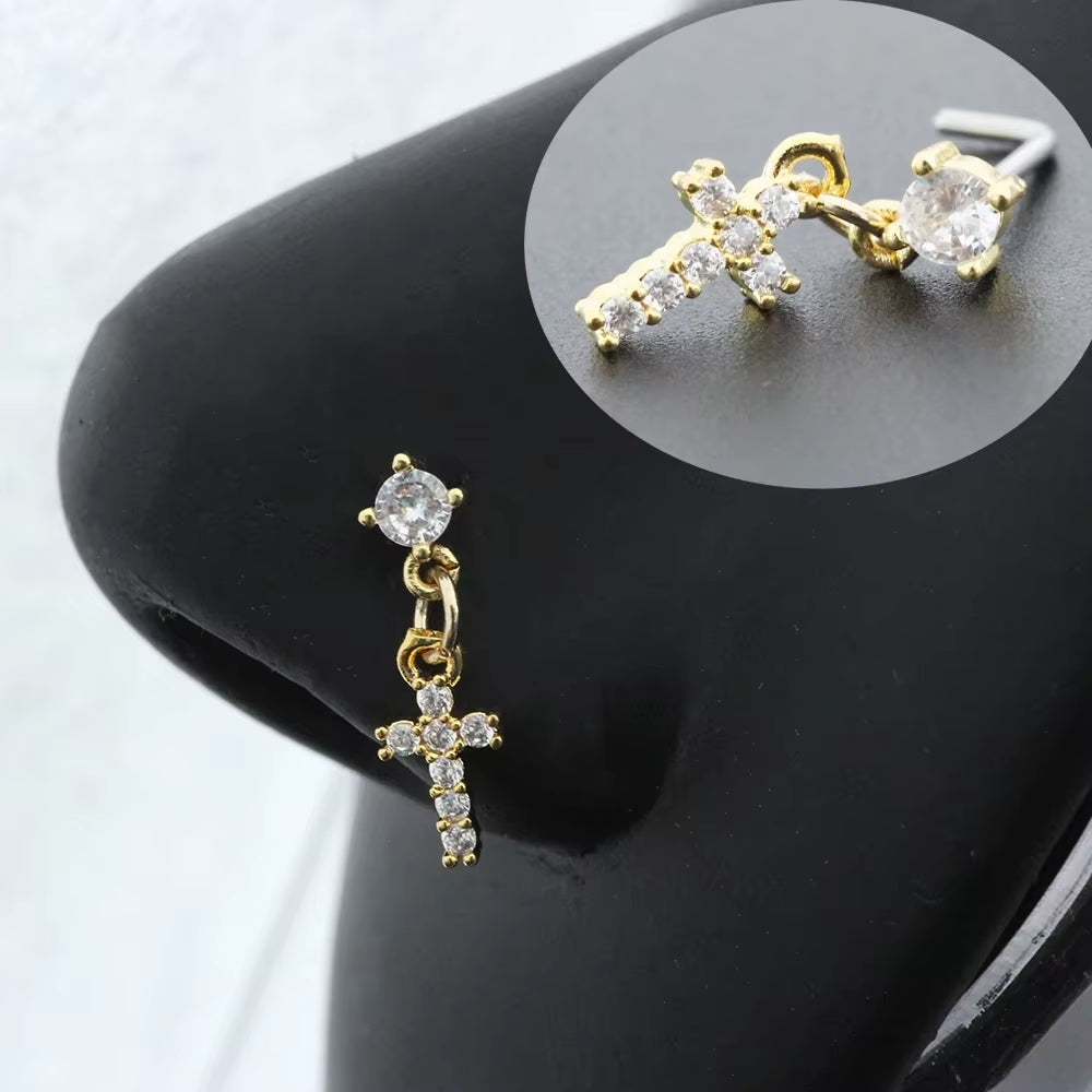 20G Surgical Steel Nose Rings for Women Cross Nose Piercing Jewelry Body Jewelry Shiny CZ Cross Dangle L Shape Nose Studs