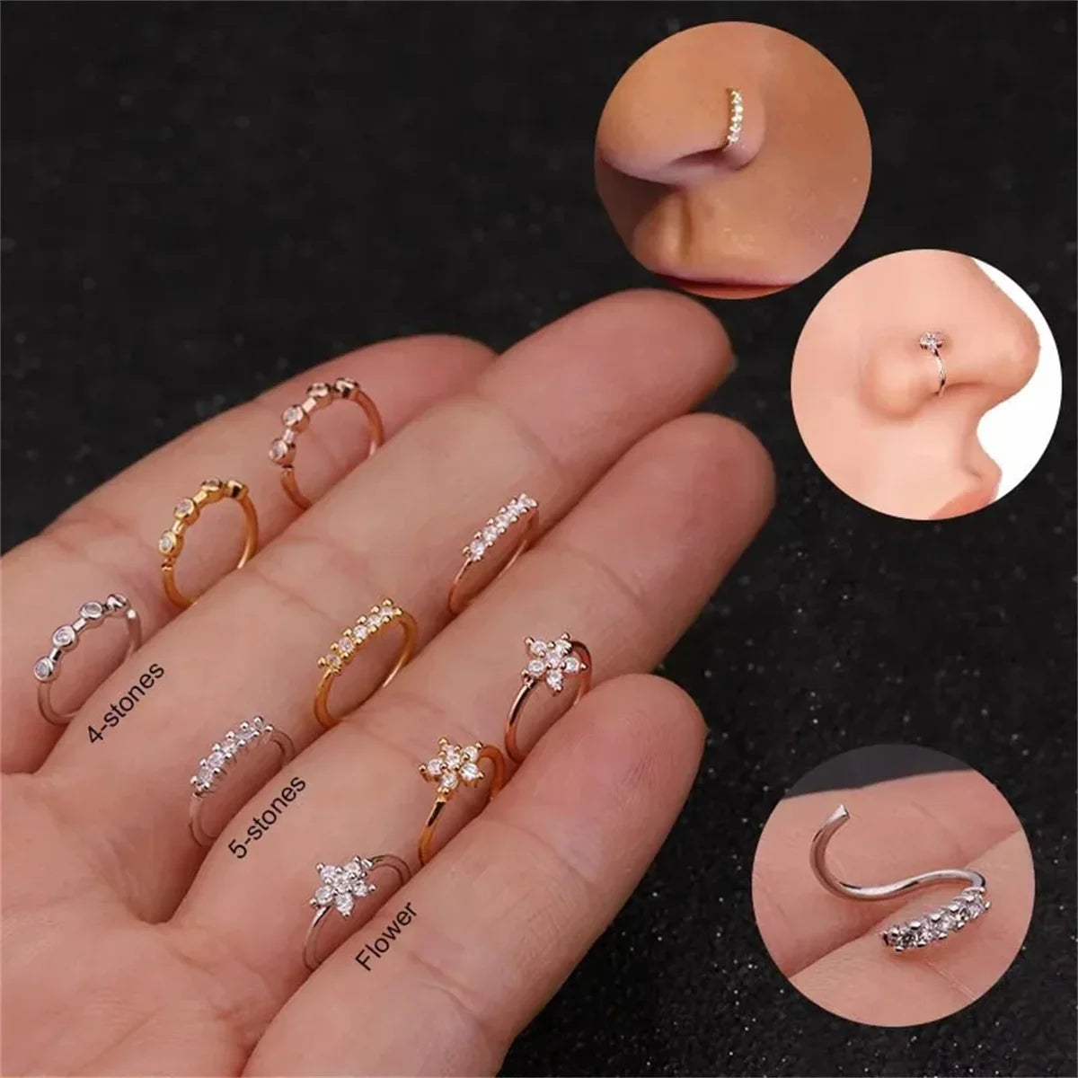 3Pcs Zircon Nose Rings Nostril,Adjustable Flower Hoop Ring Tragus Ear Cartilage Earring Hypoallergenicity Nose Piercing Jewelry