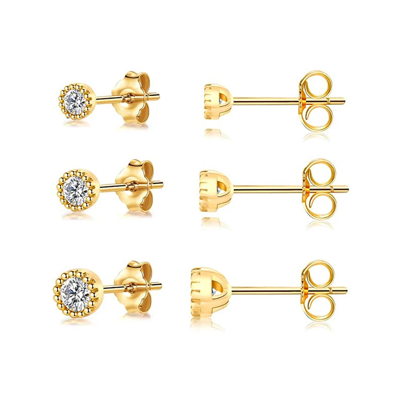 3Pcs/Set Crystals Geometry Stud Earrings for Women Small Star round Piercings Earring 925 Sterling Silver Jewelry Oorbellen