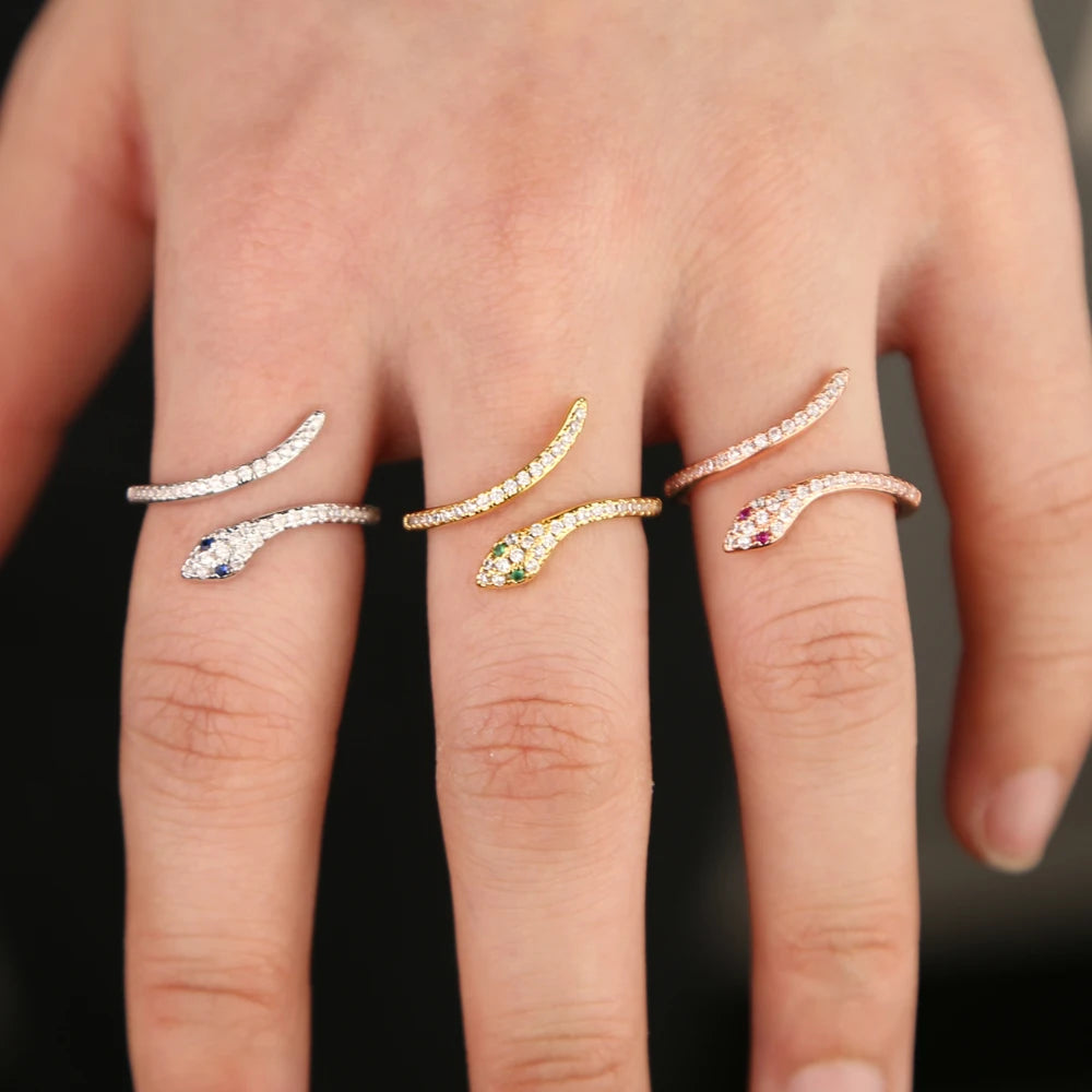 Acero Inoxidable Joyeria Mujer Stackable Rings Snake Rings for Women Gold Color Clear CZ Punk Rock Ring Animal Jewelry