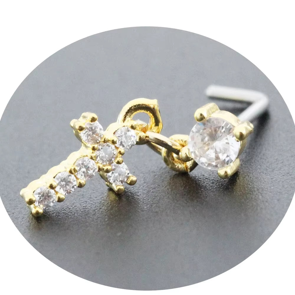 20G Surgical Steel Nose Rings for Women Cross Nose Piercing Jewelry Body Jewelry Shiny CZ Cross Dangle L Shape Nose Studs