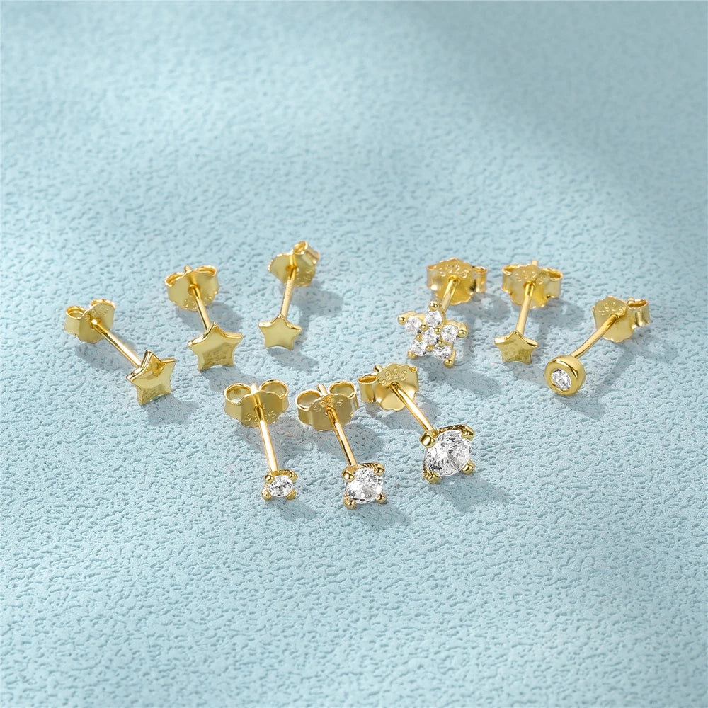 3Pcs/Set Crystals Geometry Stud Earrings for Women Small Star round Piercings Earring 925 Sterling Silver Jewelry Oorbellen