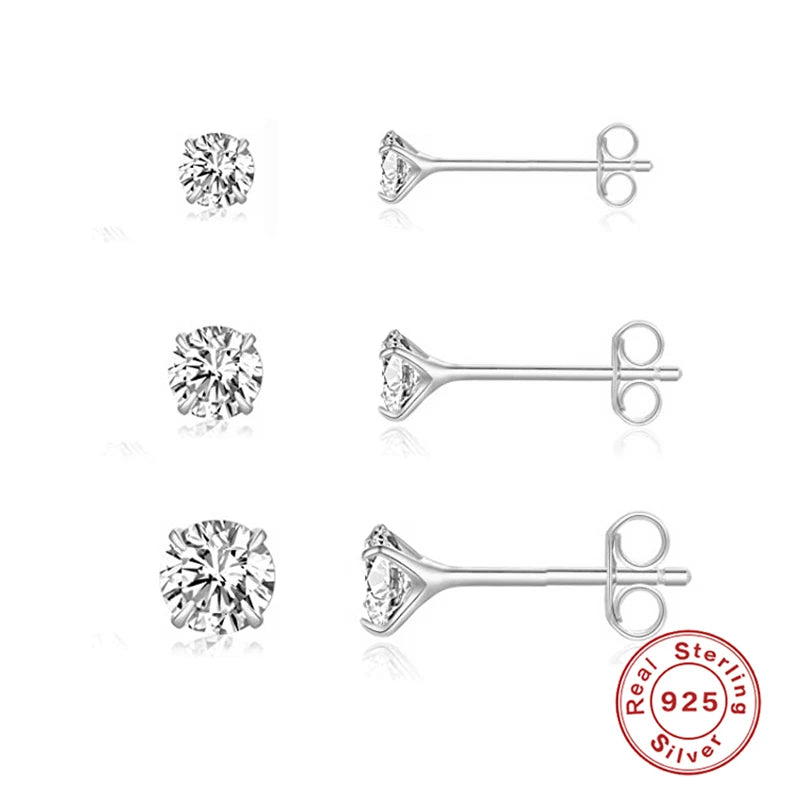 3Pcs/Set Crystals Geometry Stud Earrings for Women Small Star round Piercings Earring 925 Sterling Silver Jewelry Oorbellen