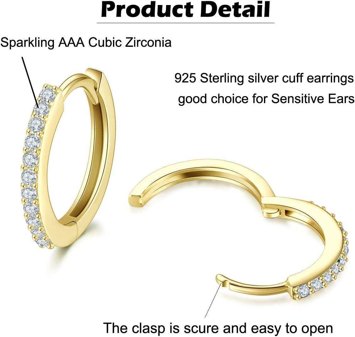 Silver Hoop Earrings for Women, 925 Sterling Silver Huggie Hinged Earrings with AAA Cubic Zirconia, Diameter 13Mm Hypoallergenic Small Sleeper Hoop, 8/10/12/13MM
