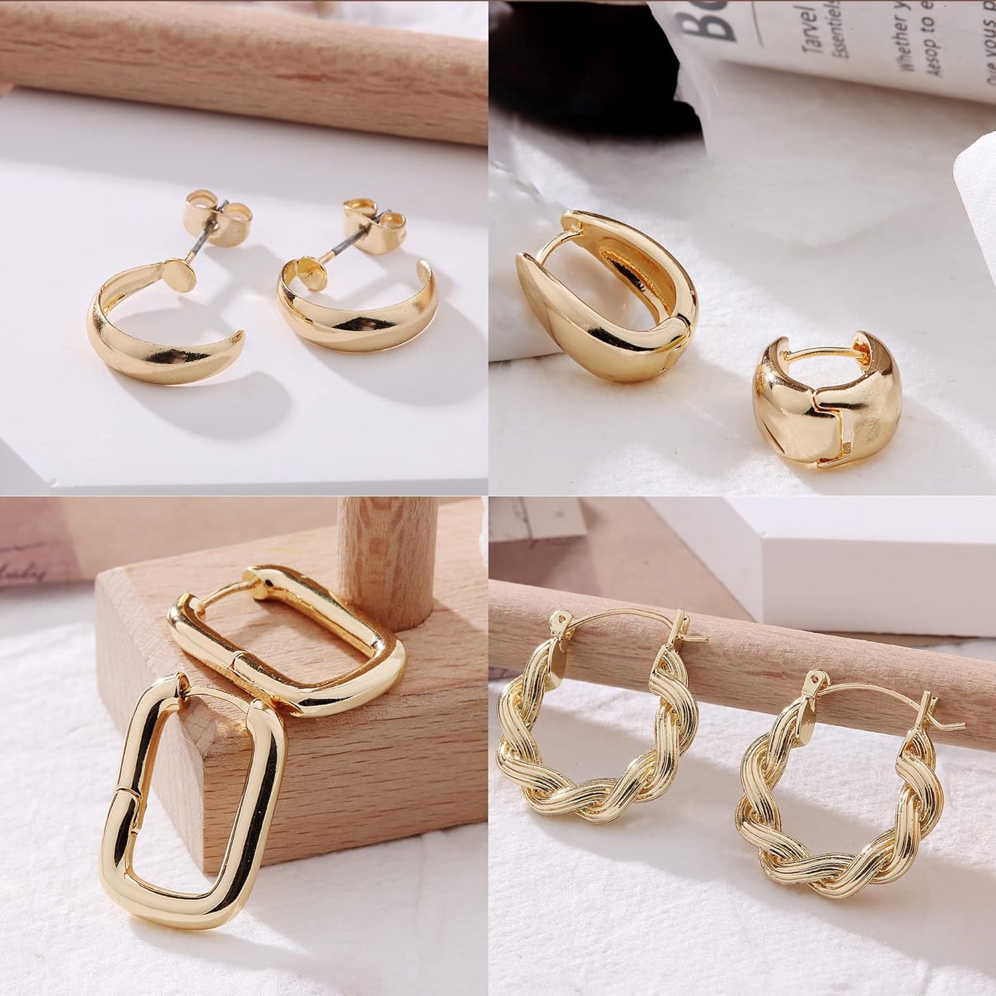 6 Pairs Gold Chunky Hoop Earrings for Women 14K Gold Plated Hoop Earrings Lightweight Hypoallergenic Thick Hoop Earrings Huggie Hoop Jewelry for Birthday/Christmas Gifts