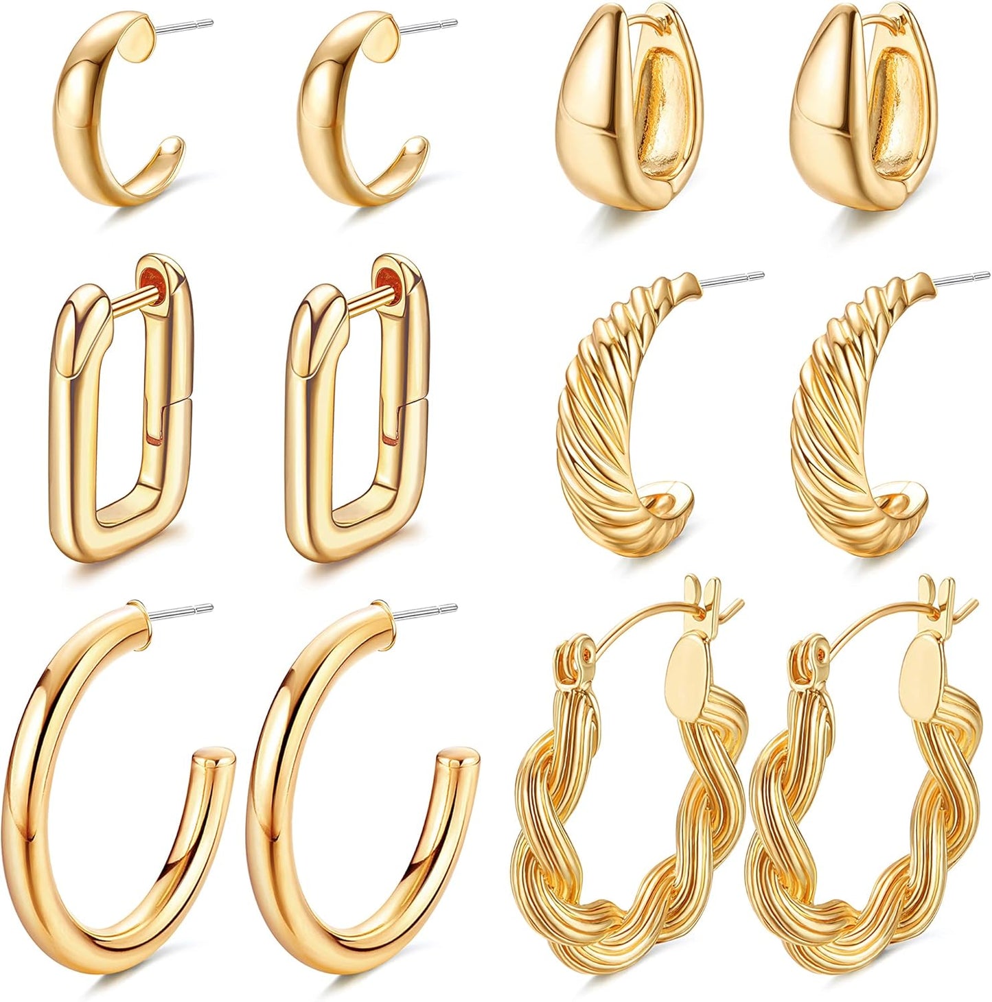 6 Pairs Gold Chunky Hoop Earrings for Women 14K Gold Plated Hoop Earrings Lightweight Hypoallergenic Thick Hoop Earrings Huggie Hoop Jewelry for Birthday/Christmas Gifts