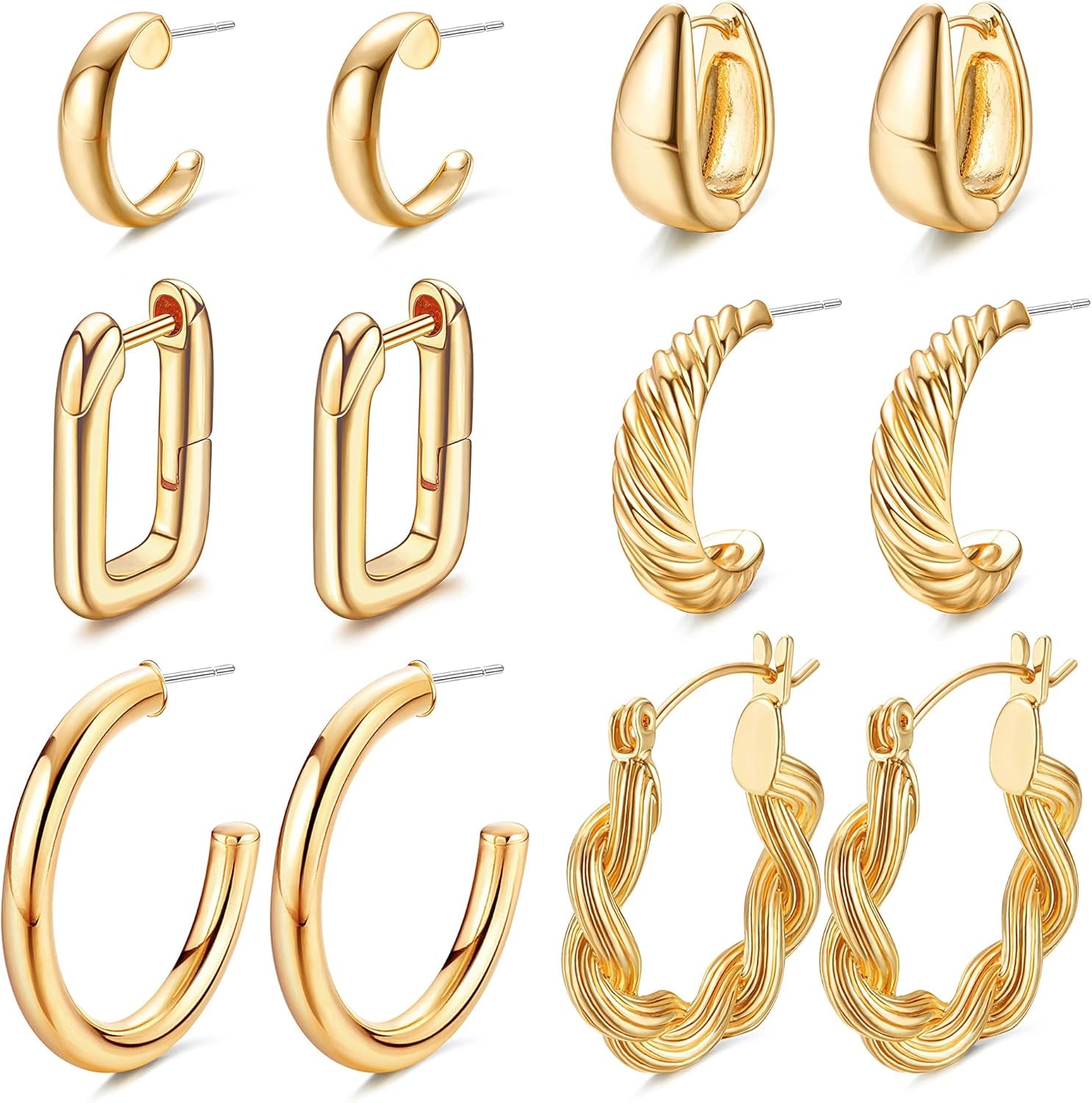 6 Pairs Gold Chunky Hoop Earrings for Women 14K Gold Plated Hoop Earrings Lightweight Hypoallergenic Thick Hoop Earrings Huggie Hoop Jewelry for Birthday/Christmas Gifts