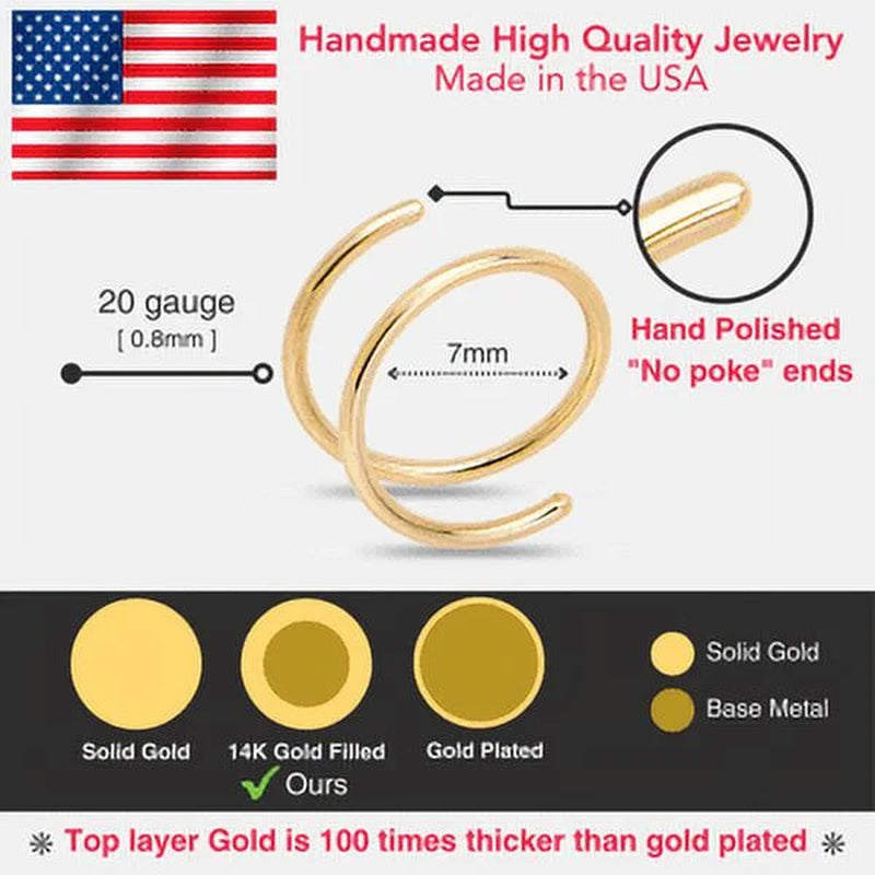 Double Hoop Nose Ring 14K Gold Filled and 925 Silver for Women and Men Spiral Nose Jewelry for Single Piercing Handmade in USA