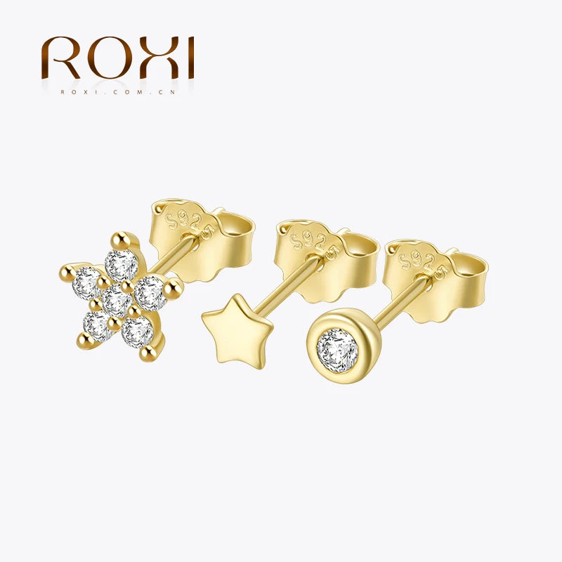 3Pcs/Set Crystals Geometry Stud Earrings for Women Small Star round Piercings Earring 925 Sterling Silver Jewelry Oorbellen