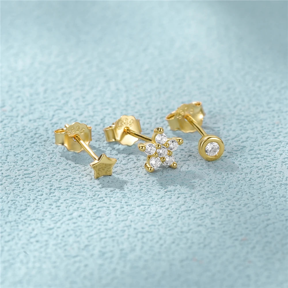 3Pcs/Set Crystals Geometry Stud Earrings for Women Small Star round Piercings Earring 925 Sterling Silver Jewelry Oorbellen