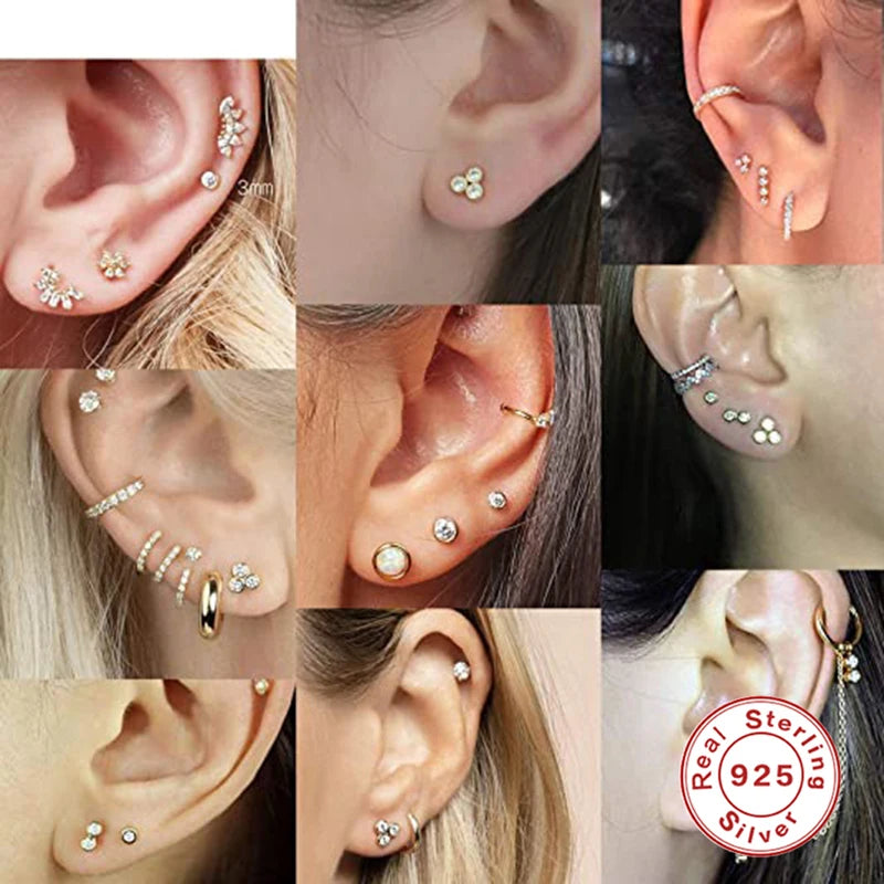 3Pcs/Set Crystals Geometry Stud Earrings for Women Small Star round Piercings Earring 925 Sterling Silver Jewelry Oorbellen