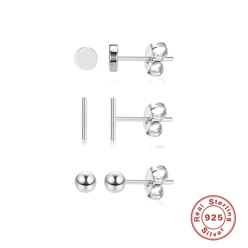 3Pcs/Set Crystals Geometry Stud Earrings for Women Small Star round Piercings Earring 925 Sterling Silver Jewelry Oorbellen