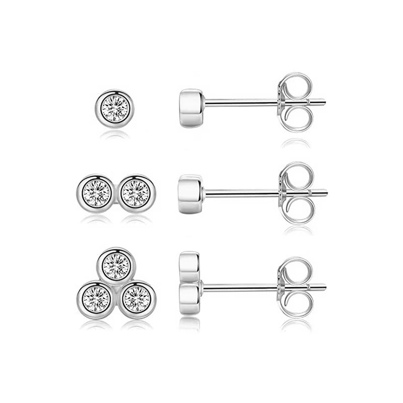 3Pcs/Set Crystals Geometry Stud Earrings for Women Small Star round Piercings Earring 925 Sterling Silver Jewelry Oorbellen