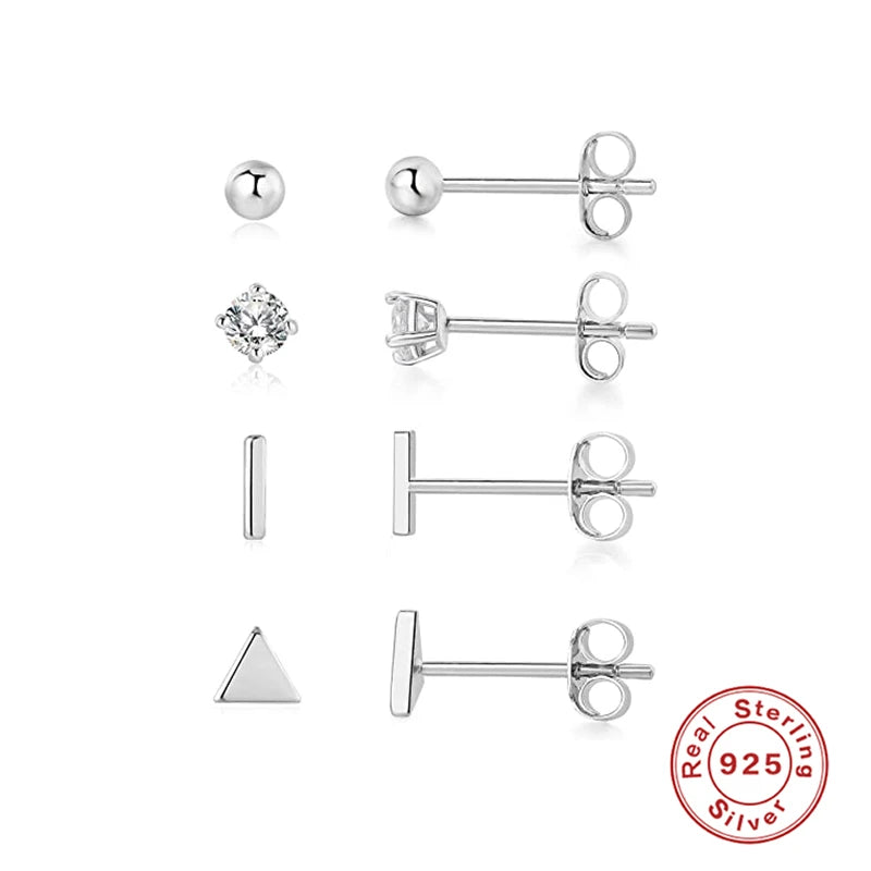 3Pcs/Set Crystals Geometry Stud Earrings for Women Small Star round Piercings Earring 925 Sterling Silver Jewelry Oorbellen