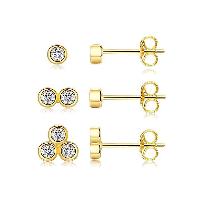 3Pcs/Set Crystals Geometry Stud Earrings for Women Small Star round Piercings Earring 925 Sterling Silver Jewelry Oorbellen
