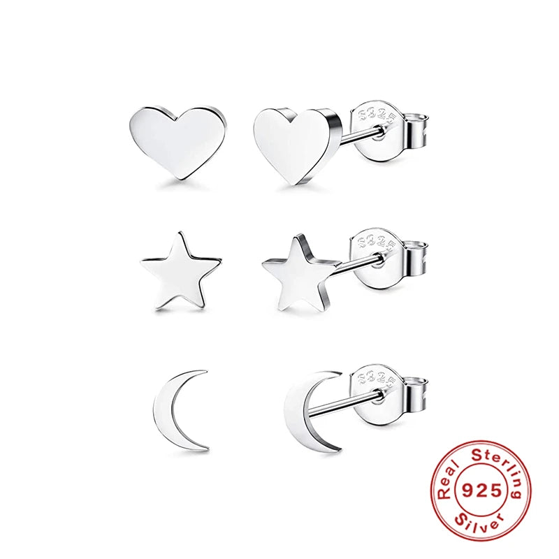 3Pcs/Set Crystals Geometry Stud Earrings for Women Small Star round Piercings Earring 925 Sterling Silver Jewelry Oorbellen