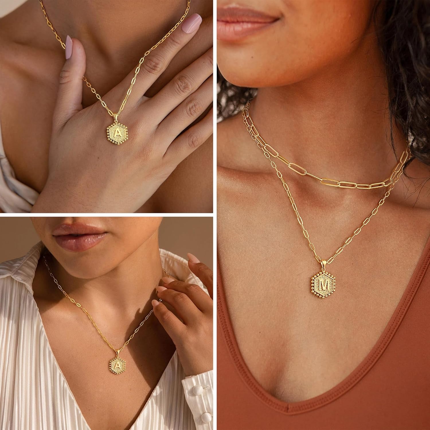 Dainty Gold Necklace for Women - 14K Solid Gold over Layering Necklaces for Women Cute Hexagon Letter Initial Necklaces for Women Gold Layered Necklaces for Women Jewelry Gifts