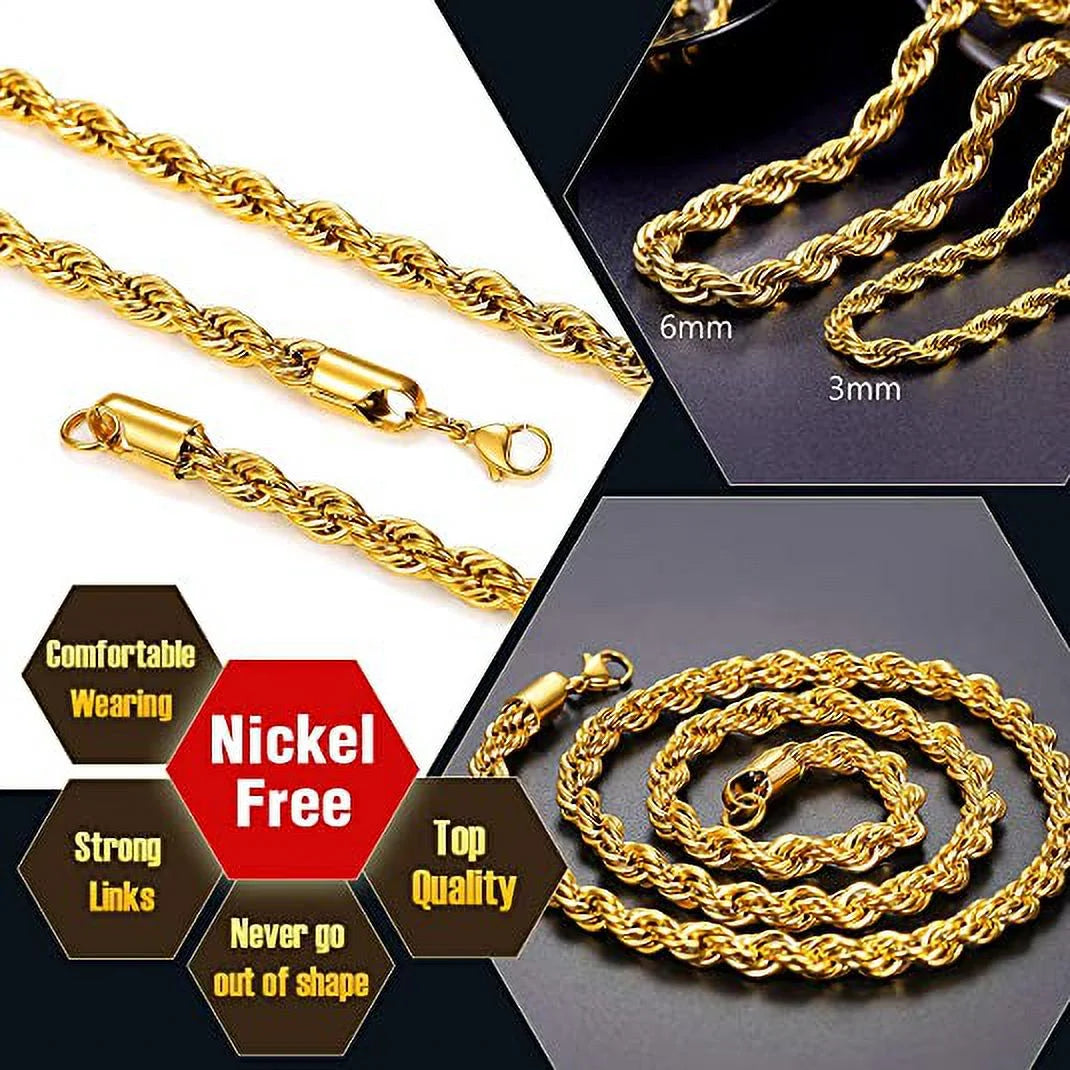 Men Rope Necklace Replacement Chain for Pendant 6Mm 20Inches 316L Stainless Steel Gold Plated