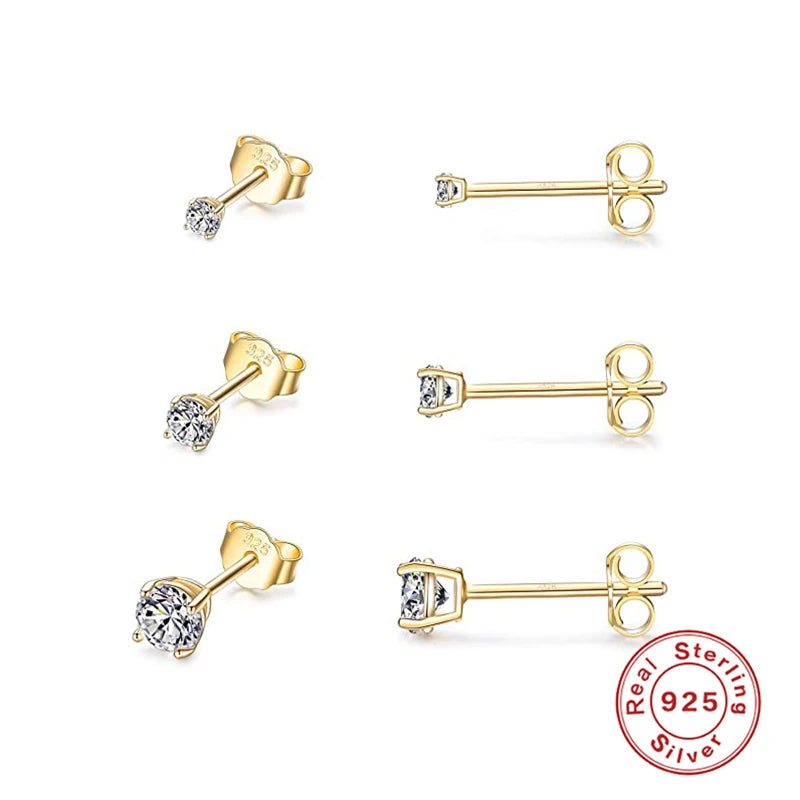 3Pcs/Set Crystals Geometry Stud Earrings for Women Small Star round Piercings Earring 925 Sterling Silver Jewelry Oorbellen