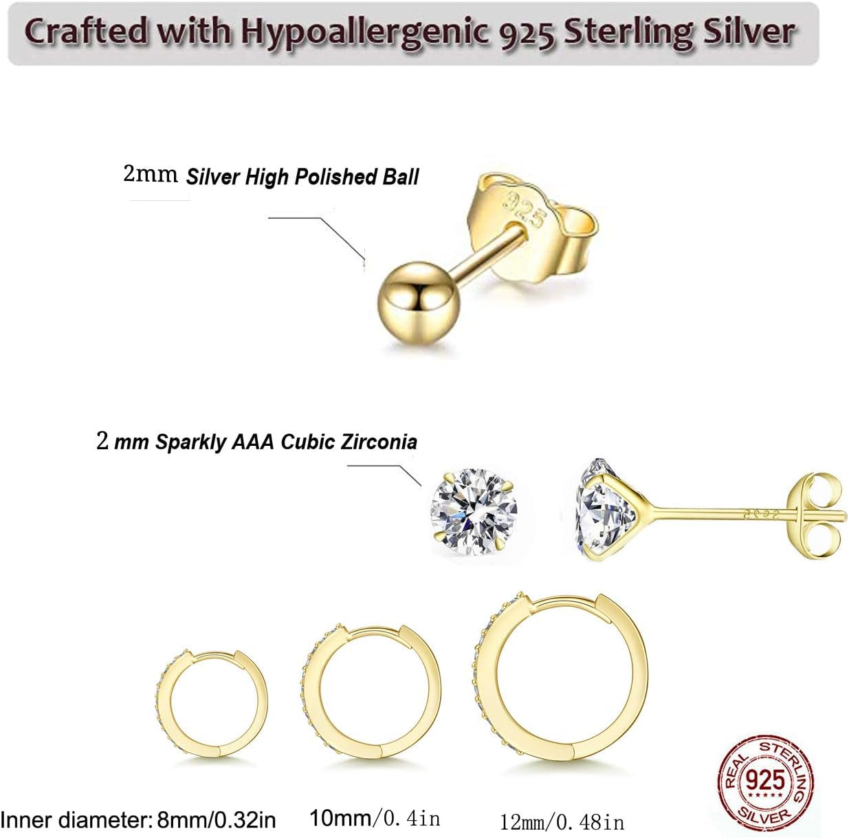 Silver Hoop Earrings for Women, 925 Sterling Silver Huggie Hinged Earrings with AAA Cubic Zirconia, Diameter 13Mm Hypoallergenic Small Sleeper Hoop, 8/10/12/13MM