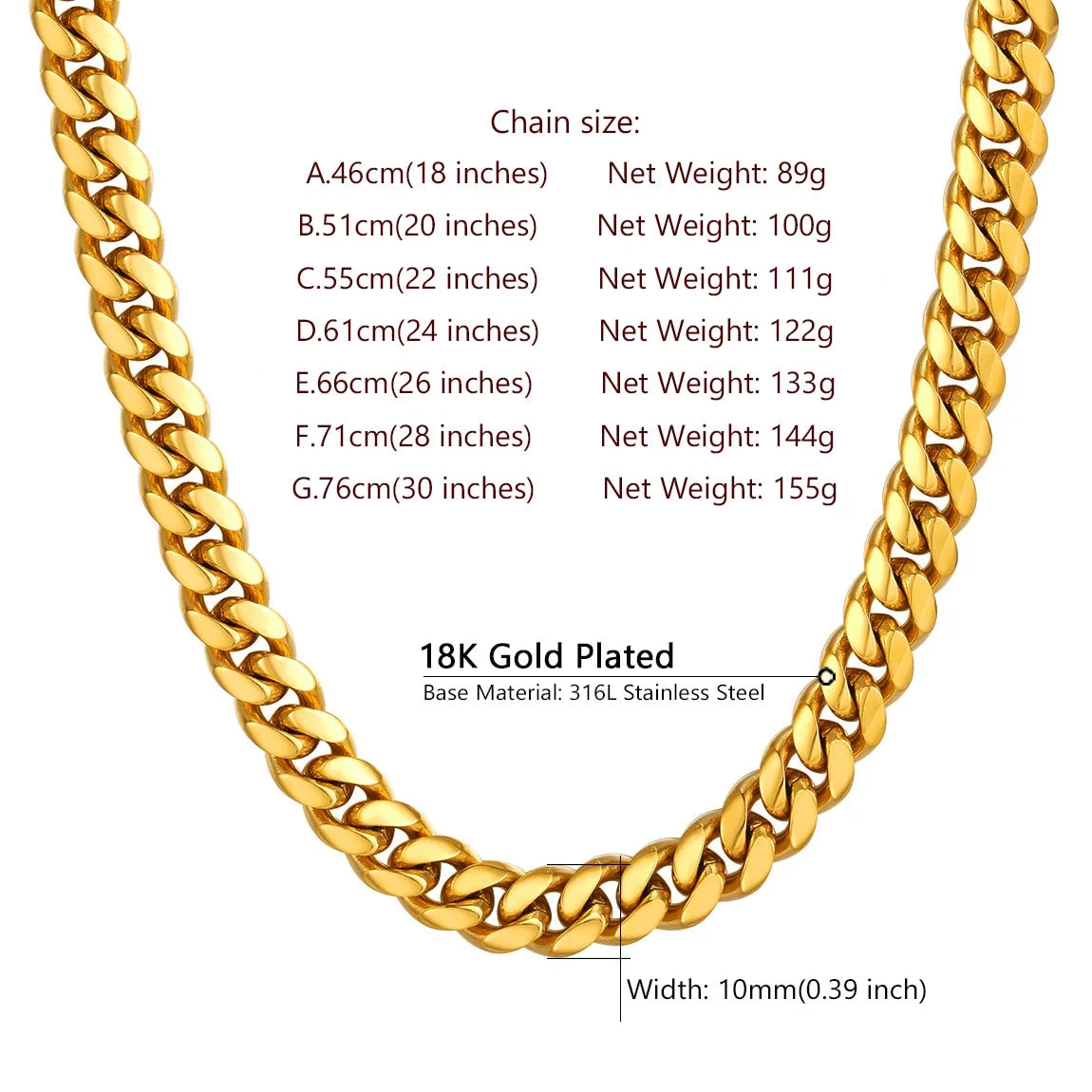 18K Gold Plated Chain for Men 10Mm 20 Inch Chunky Heavy Golden Necklaces Mens Gifts