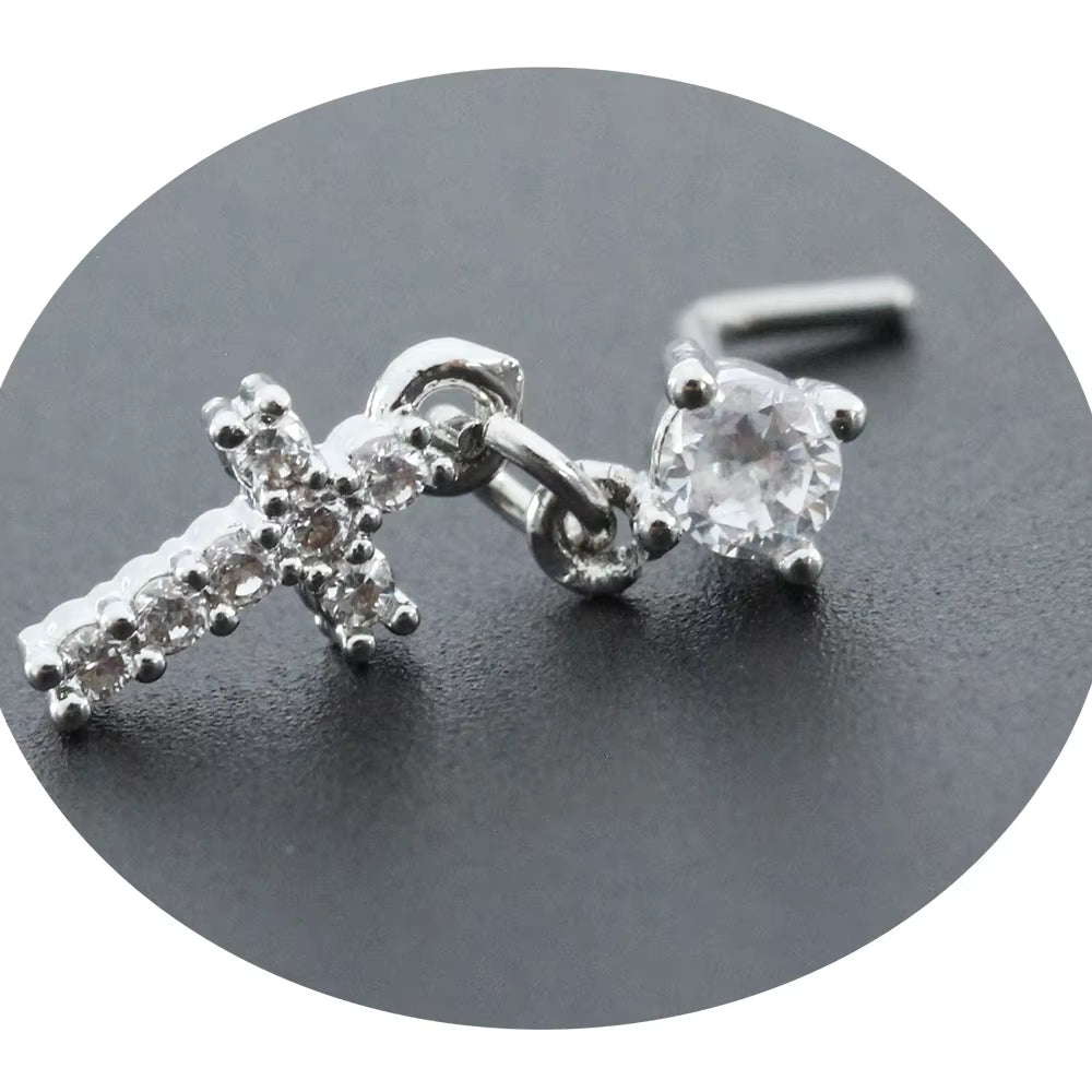 20G Surgical Steel Nose Rings for Women Cross Nose Piercing Jewelry Body Jewelry Shiny CZ Cross Dangle L Shape Nose Studs