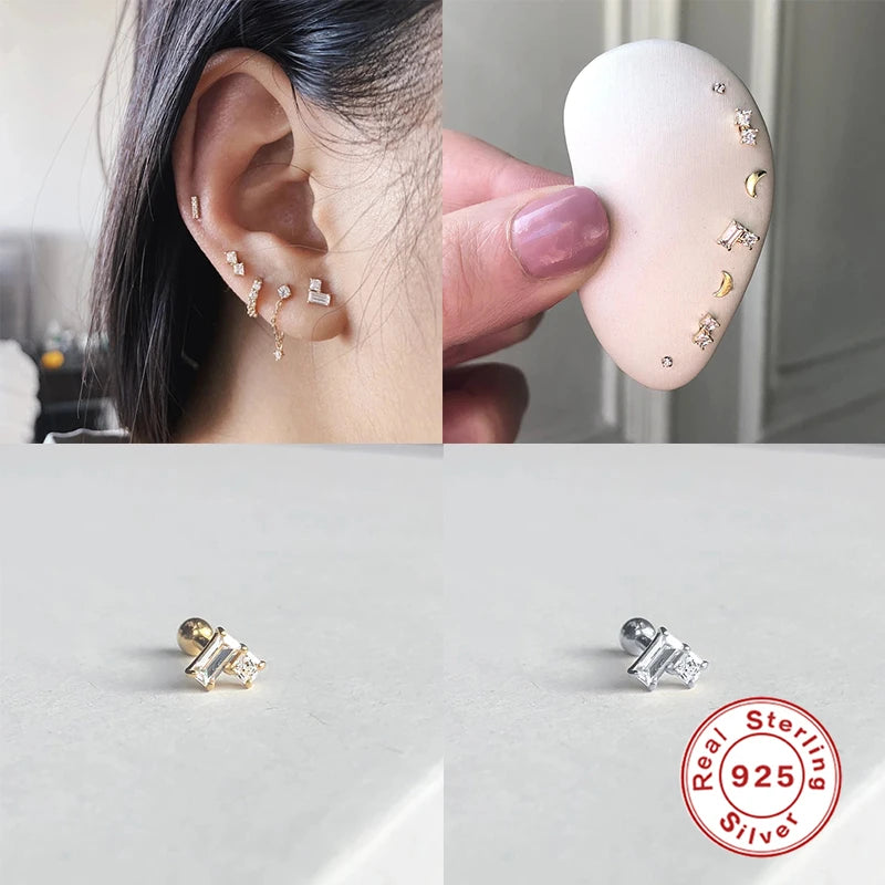 Mini Sun Moon Leaf Snowflake Crown Square Stud Earrings for Women Piercing Earrings 925 Sterling Silver Jewelry Pendientes