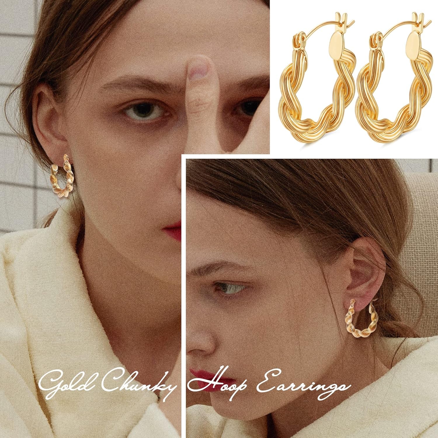 6 Pairs Gold Chunky Hoop Earrings for Women 14K Gold Plated Hoop Earrings Lightweight Hypoallergenic Thick Hoop Earrings Huggie Hoop Jewelry for Birthday/Christmas Gifts