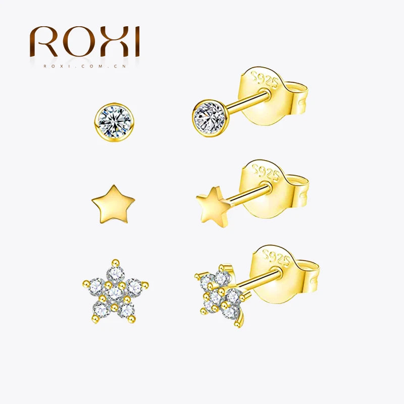 3Pcs/Set Crystals Geometry Stud Earrings for Women Small Star round Piercings Earring 925 Sterling Silver Jewelry Oorbellen