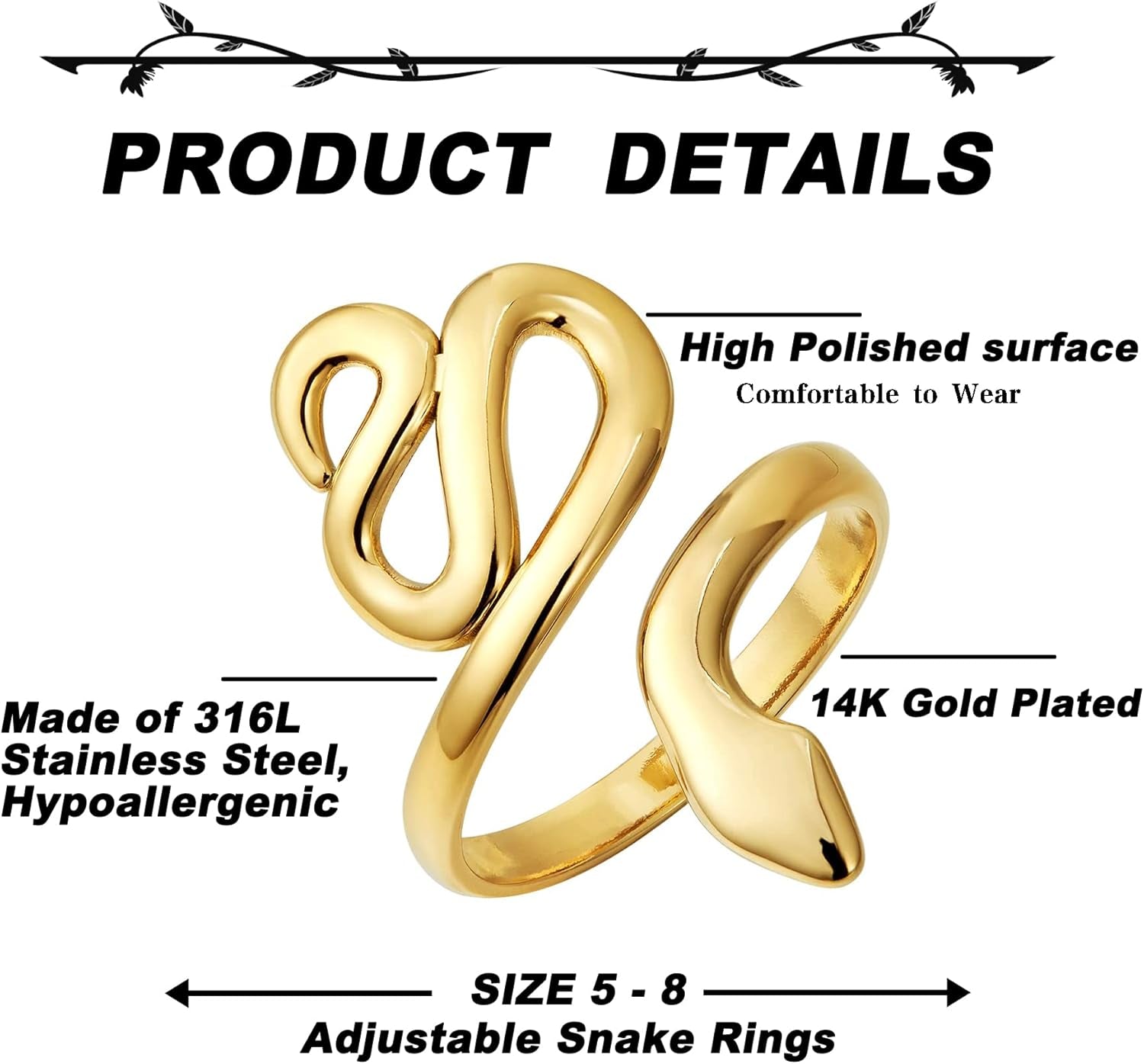 Open Stacking Rings 14K Gold Plated Snake Ring Love Heart Adjustable Thumb Finger Rings for Women Girl Jewelry Gift
