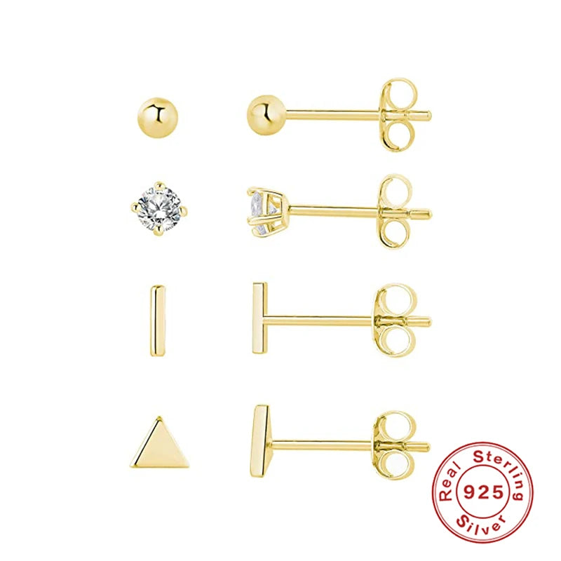 3Pcs/Set Crystals Geometry Stud Earrings for Women Small Star round Piercings Earring 925 Sterling Silver Jewelry Oorbellen