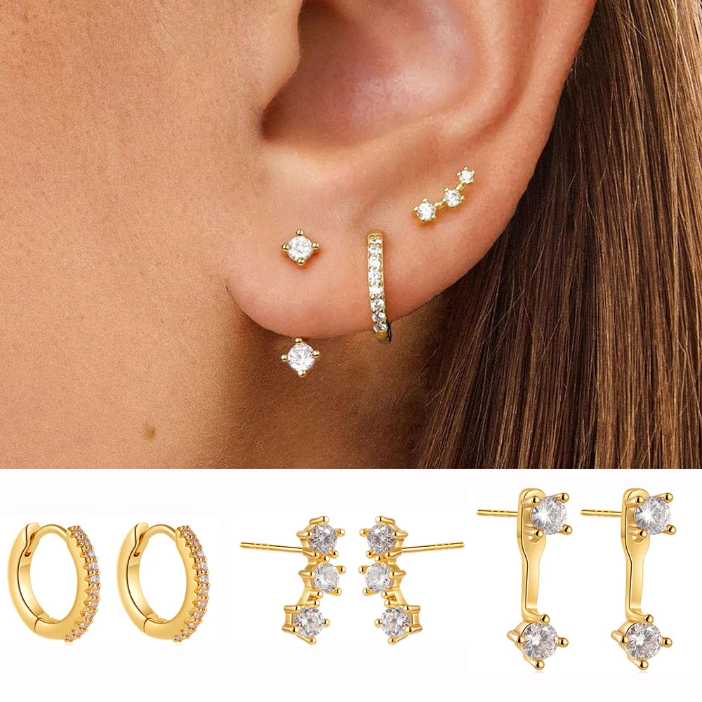 Dainty Zircon Small Stackable 14K Gold Plated Earrings Set for Women Multiple Piercing Cartilage Huggie Hoop Earring Jewelry